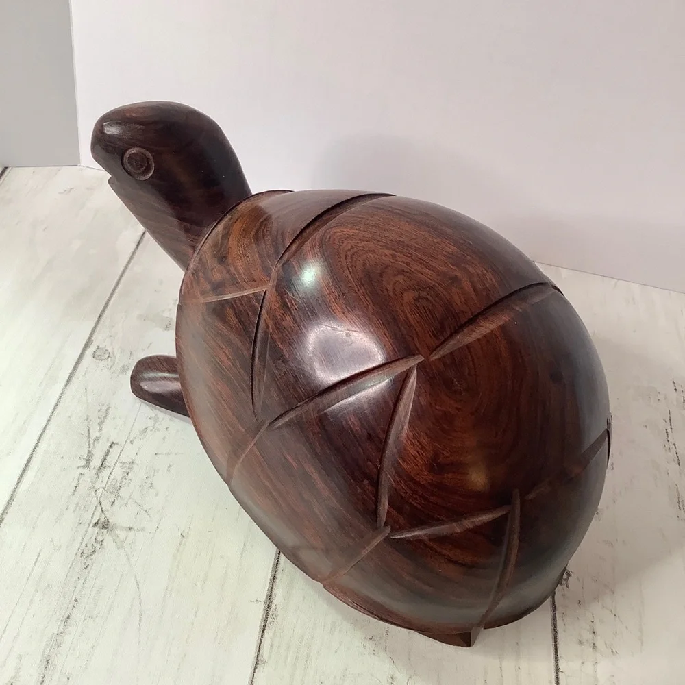 Vintage Handmade Wooden Turtle Statue Carved Wood Folk Art Animal Figurine